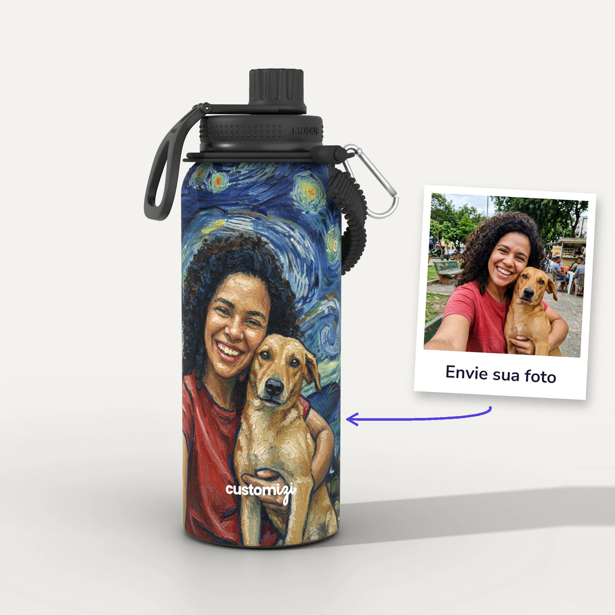 Garrafa Térmica 1L Noite Estrelada Van Gogh personalizada: antes e depois com a foto enviada