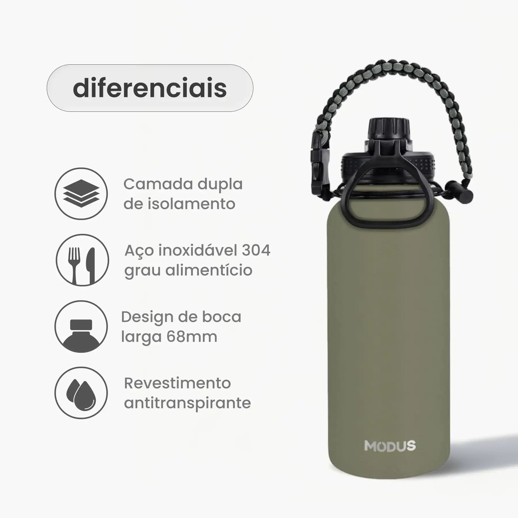 Garrafa Modus 1L Verde Oliva Texto Vertical - customizi