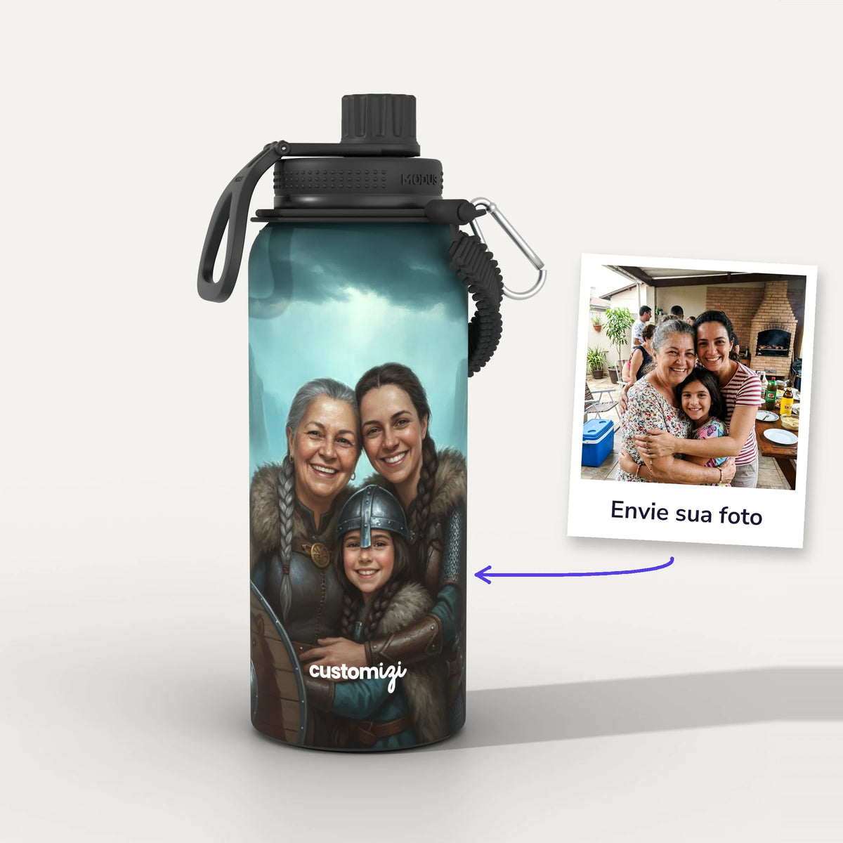 Garrafa Térmica 1L Viking personalizada: antes e depois com a foto enviada