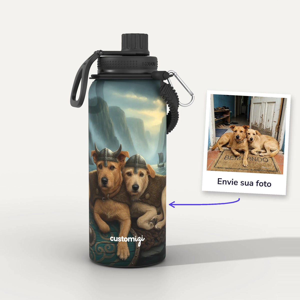 Garrafa Térmica 1L Viking personalizada: antes e depois com a foto enviada