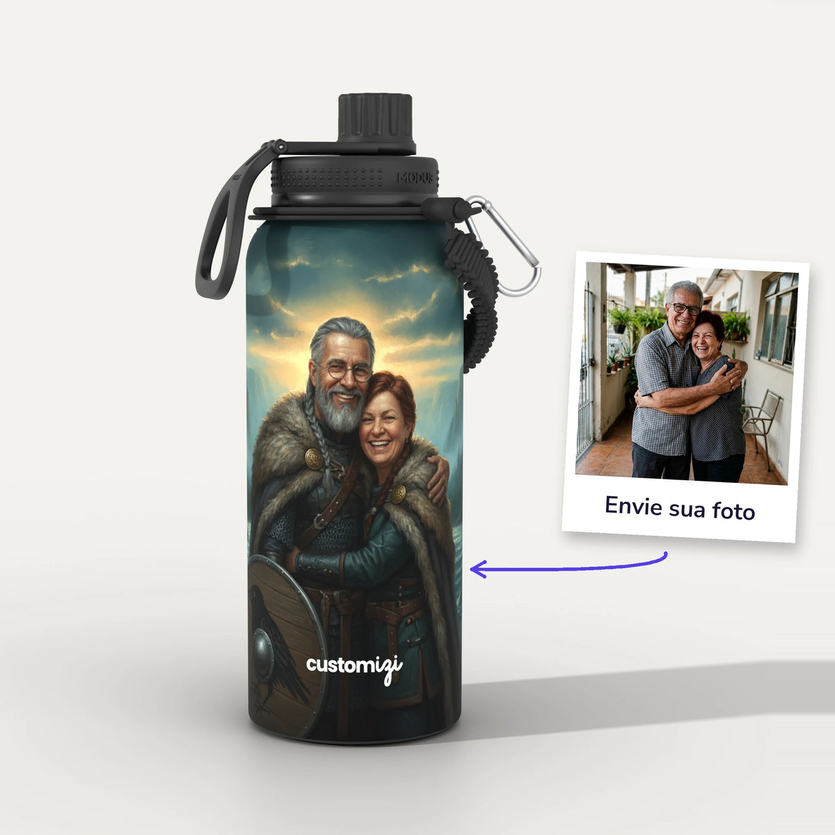 Garrafa Térmica 1L Viking personalizada: antes e depois com a foto enviada