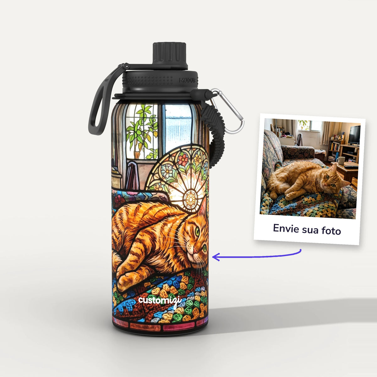 Garrafa Térmica 1L Vitral personalizada: antes e depois com a foto enviada
