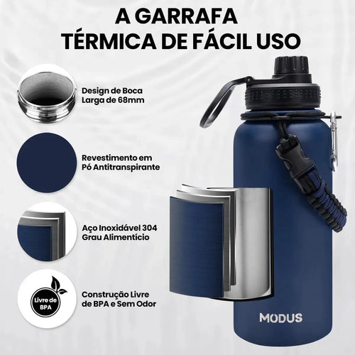 Modus 950ml Garrafa Térmica Inox 304 Com Alça Paracord Azul - marinho - Customizi