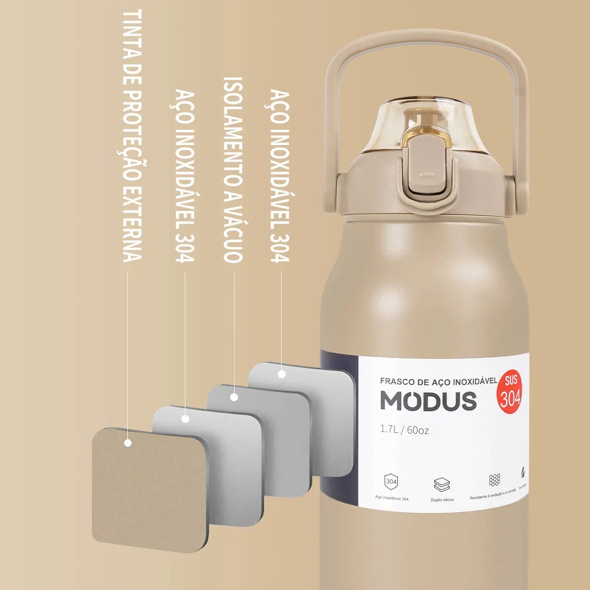Modus Garrafa Térmica 1,7L Isolamento A Vácuo Caqui - Customizi