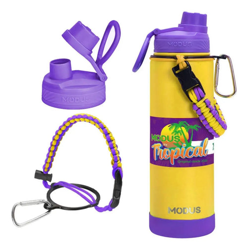 Modus Garrafa Térmica 750ml Aço Inox 304 Com Base De Silicone E Alça Paracord Amarelo E Violeta - Customizi