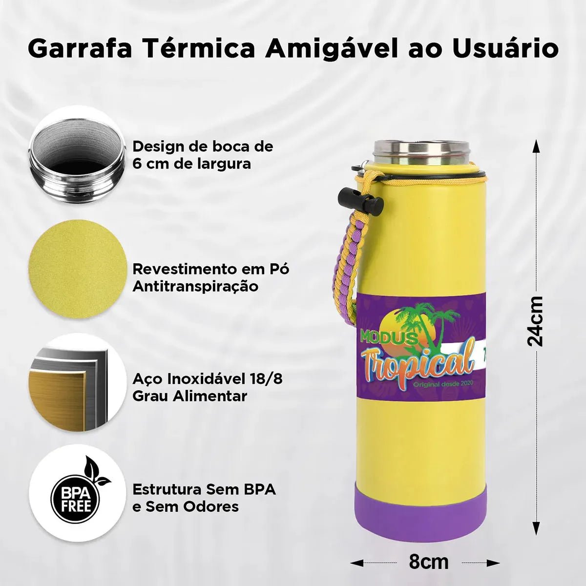 Modus Garrafa Térmica 750ml Aço Inox 304 Com Base De Silicone E Alça Paracord Amarelo E Violeta - Customizi