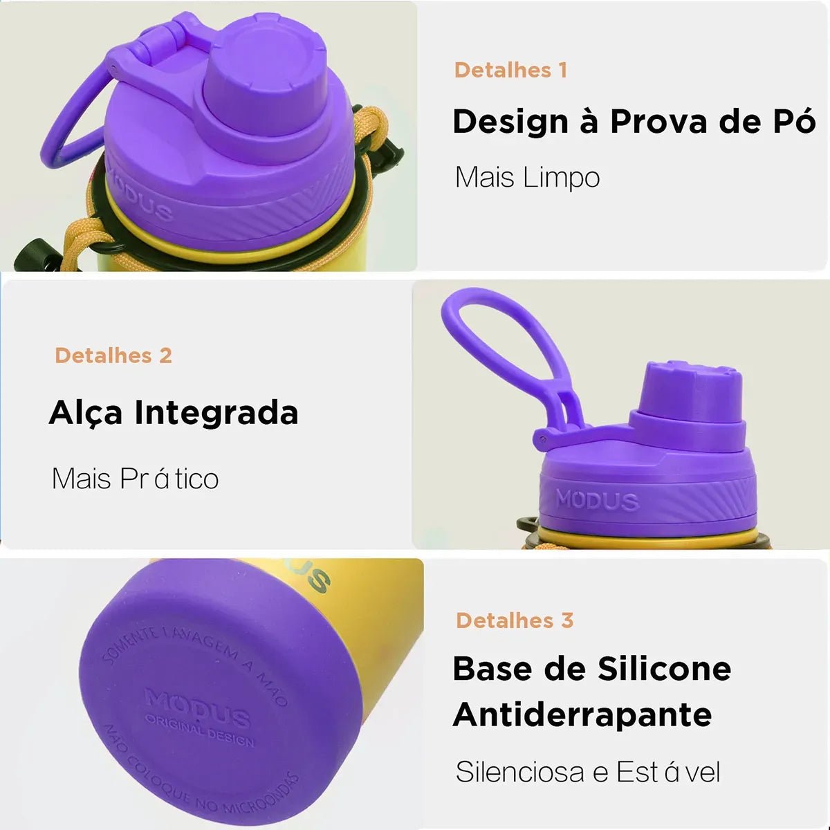 Modus Garrafa Térmica 750ml Aço Inox 304 Com Base De Silicone E Alça Paracord Amarelo E Violeta - Customizi
