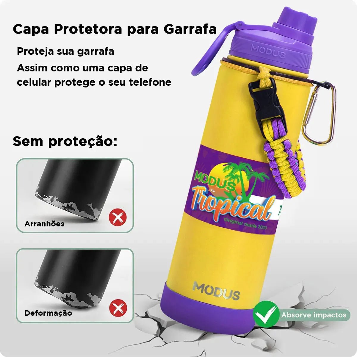 Modus Garrafa Térmica 750ml Aço Inox 304 Com Base De Silicone E Alça Paracord Amarelo E Violeta - Customizi