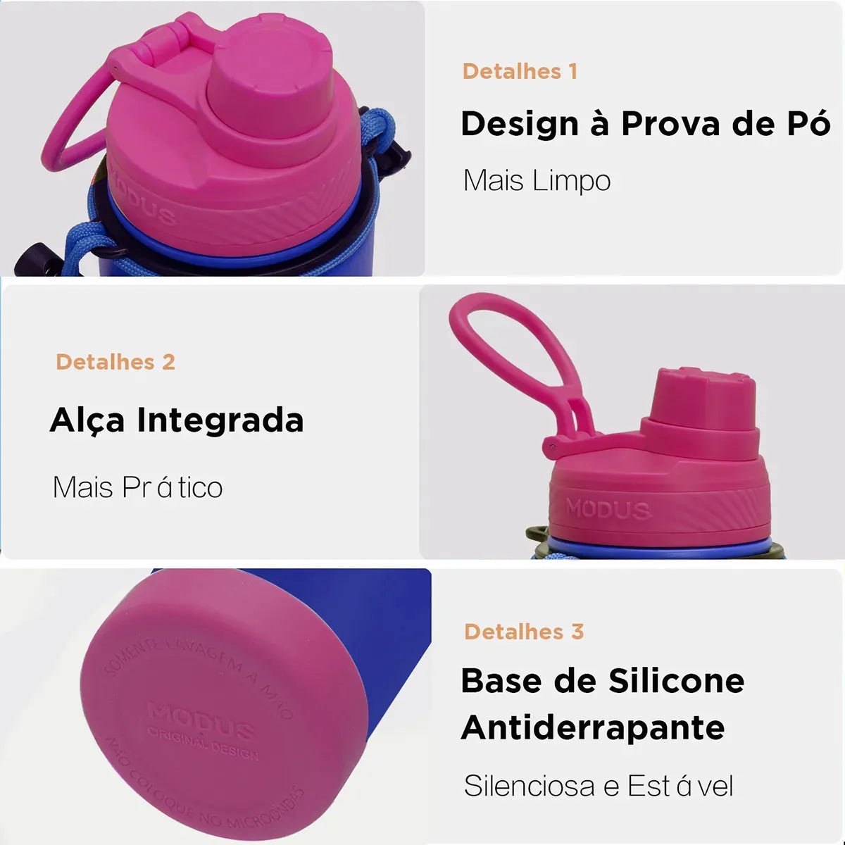 Modus Garrafa Térmica 750ml Aço Inox 304 Com Base De Silicone E Alça Paracord Azul E Rosa - Customizi
