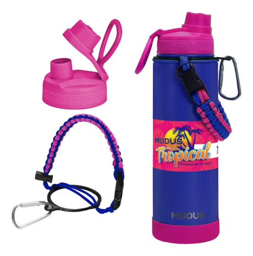 Modus Garrafa Térmica 750ml Aço Inox 304 Com Base De Silicone E Alça Paracord Azul E Rosa - Customizi