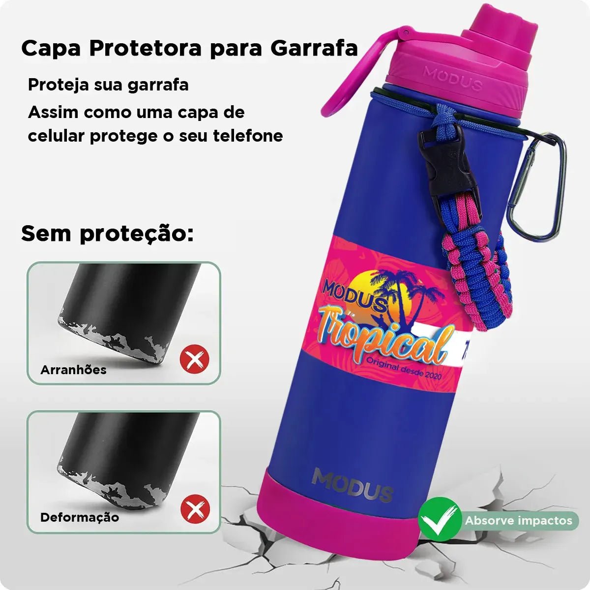 Modus Garrafa Térmica 750ml Aço Inox 304 Com Base De Silicone E Alça Paracord Azul E Rosa - Customizi