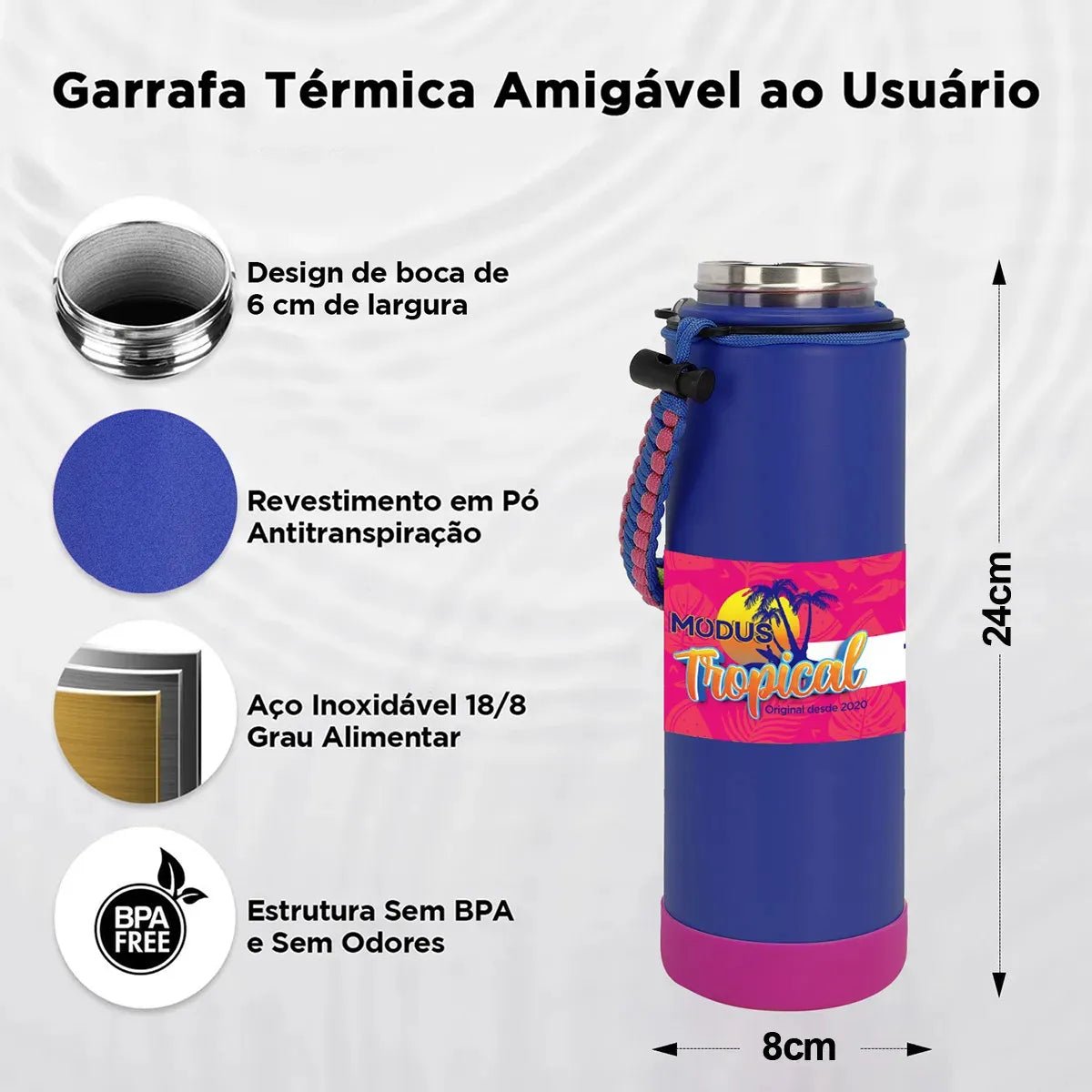 Modus Garrafa Térmica 750ml Aço Inox 304 Com Base De Silicone E Alça Paracord Azul E Rosa - Customizi