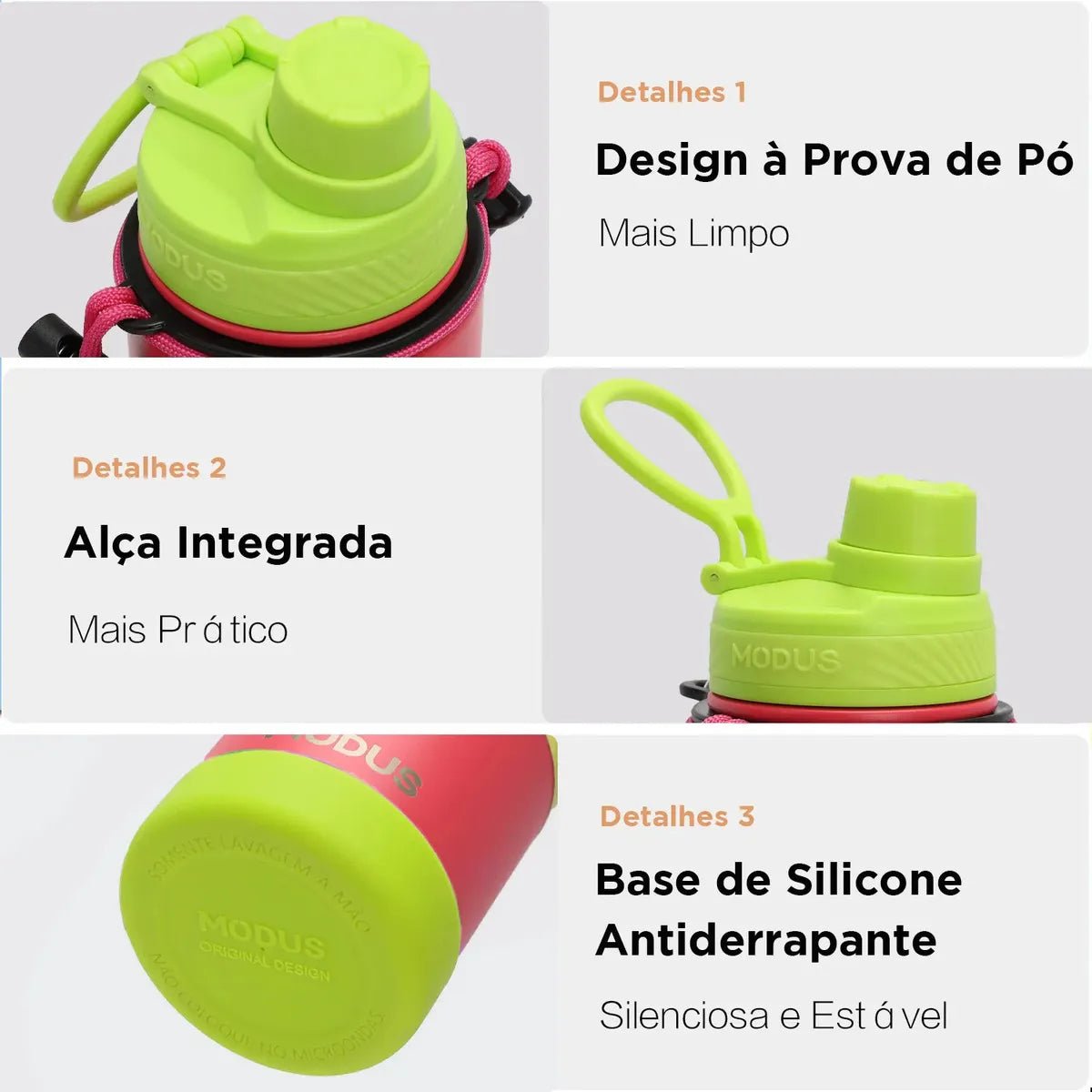 Modus Garrafa Térmica 750ml Aço Inox 304 Com Base De Silicone E Alça Paracord Rosa E Verde Limão - Customizi