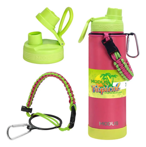 Modus Garrafa Térmica 750ml Aço Inox 304 Com Base De Silicone E Alça Paracord Rosa E Verde Limão - Customizi