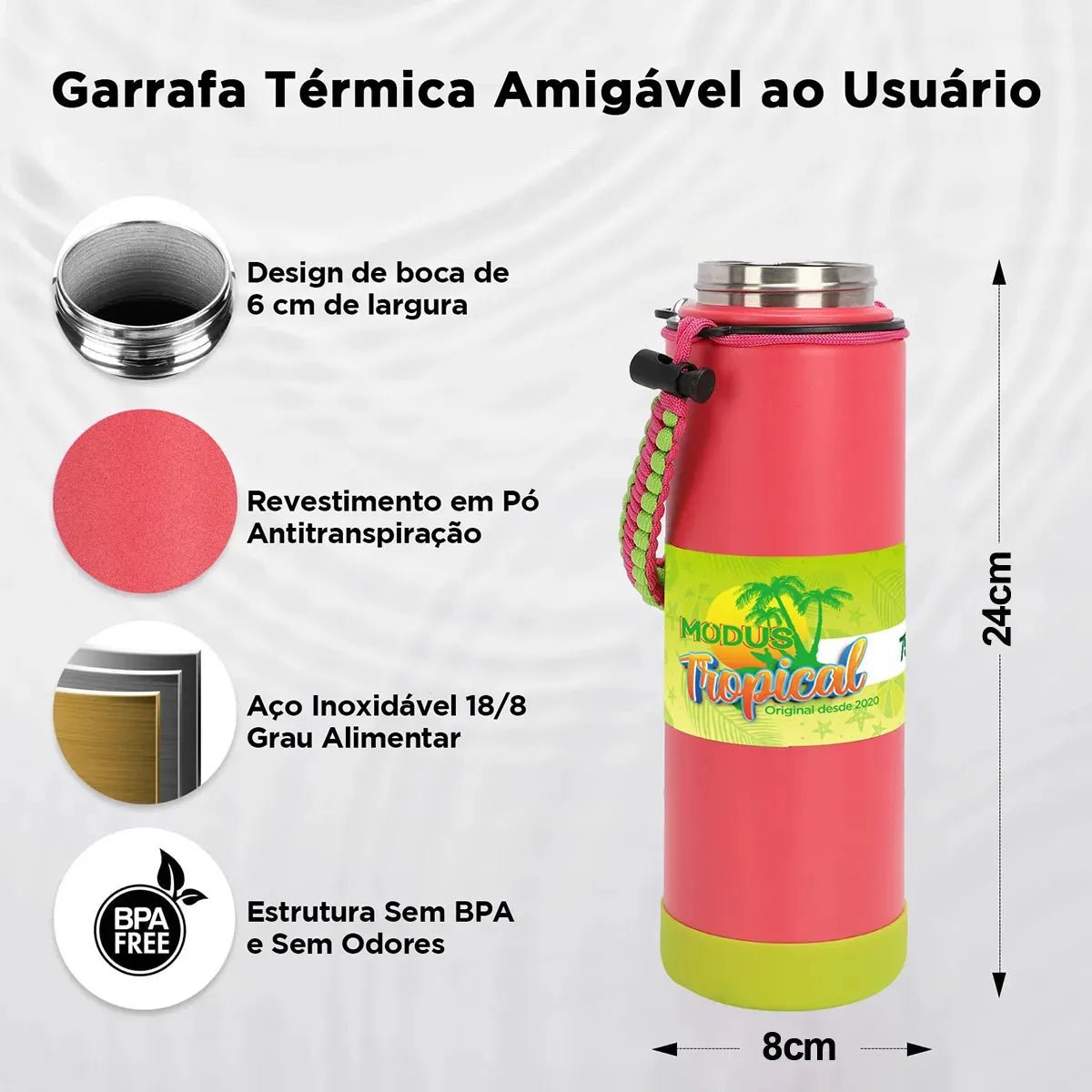 Modus Garrafa Térmica 750ml Aço Inox 304 Com Base De Silicone E Alça Paracord Rosa E Verde Limão - Customizi