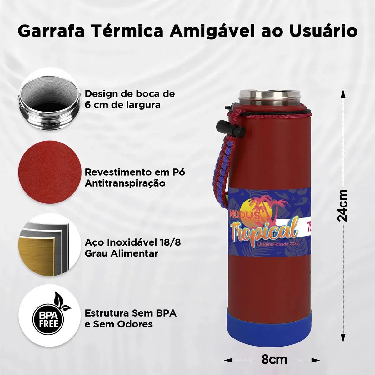 Modus Garrafa Térmica 750ml Aço Inox 304 Com Base De Silicone E Alça Paracord Vermelho E Azul - Customizi