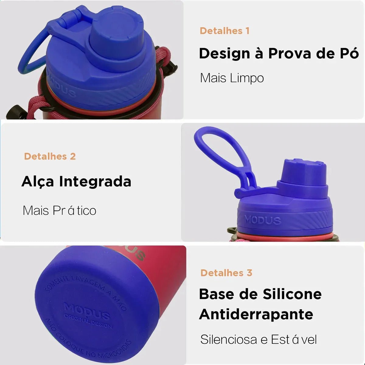 Modus Garrafa Térmica 750ml Aço Inox 304 Com Base De Silicone E Alça Paracord Vermelho E Azul - Customizi