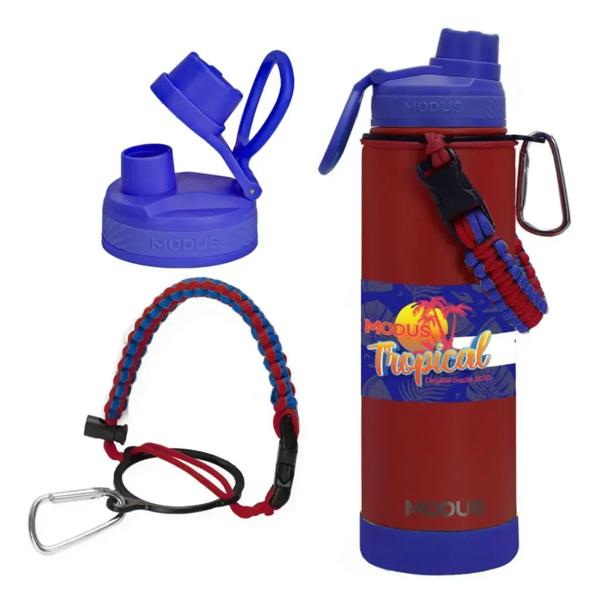 Modus Garrafa Térmica 750ml Aço Inox 304 Com Base De Silicone E Alça Paracord Vermelho E Azul - Customizi
