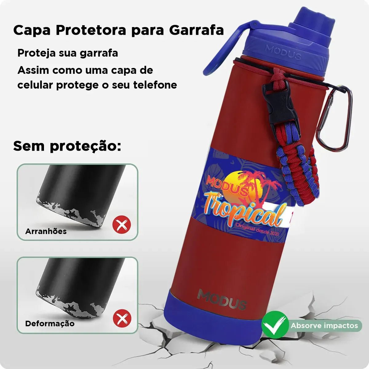 Modus Garrafa Térmica 750ml Aço Inox 304 Com Base De Silicone E Alça Paracord Vermelho E Azul - Customizi