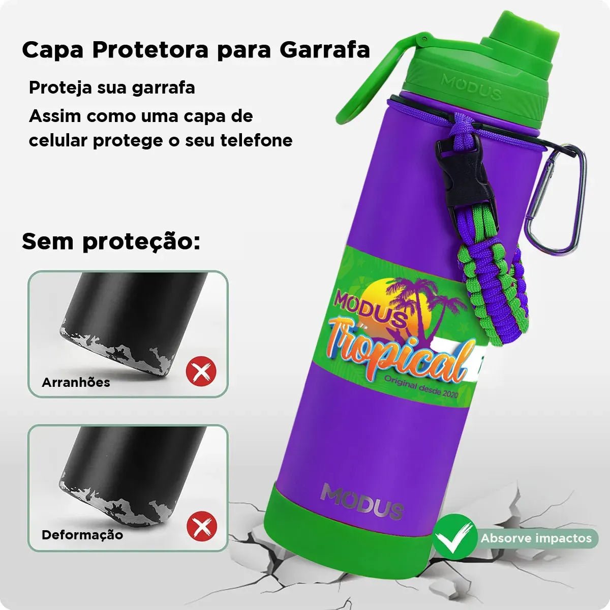 Modus Garrafa Térmica 750ml Aço Inox 304 Com Base De Silicone E Alça Paracord Violeta E Verde - Customizi