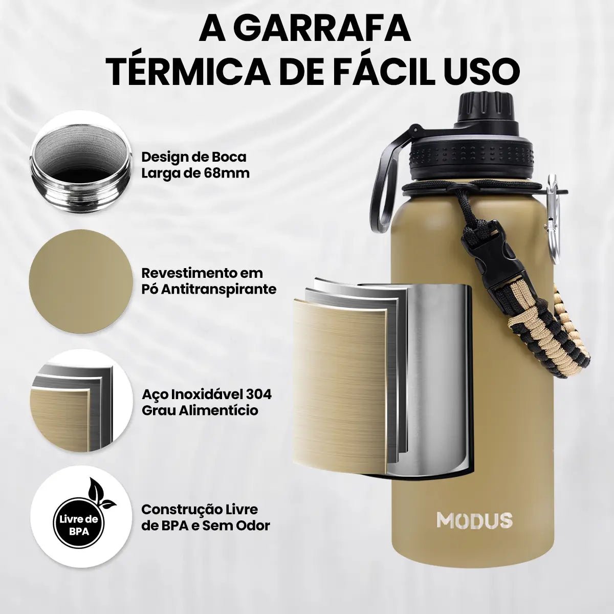 Modus Garrafa Térmica 950ml Aço Inox 304 Com Alça Paracord Cor Caqui - Customizi