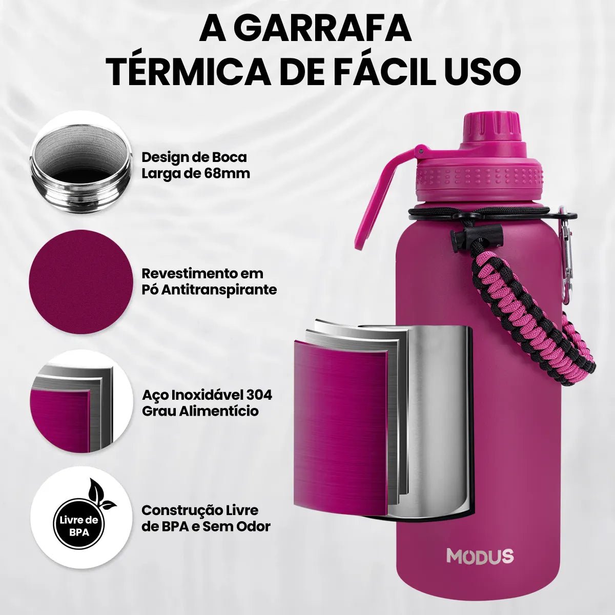 Modus Garrafa Térmica 950ml Aço Inox 304 Com Alça Paracord Cor Fúcsia - Customizi
