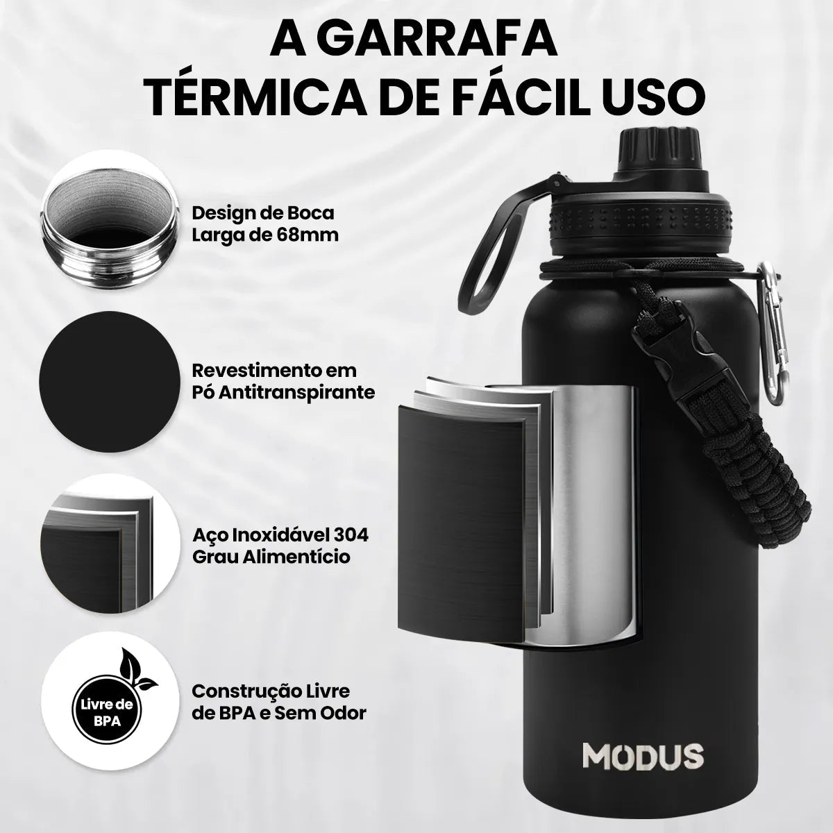 Modus Garrafa Térmica 950ml Aço Inox 304 Com Alça Paracord Cor Preto - Customizi