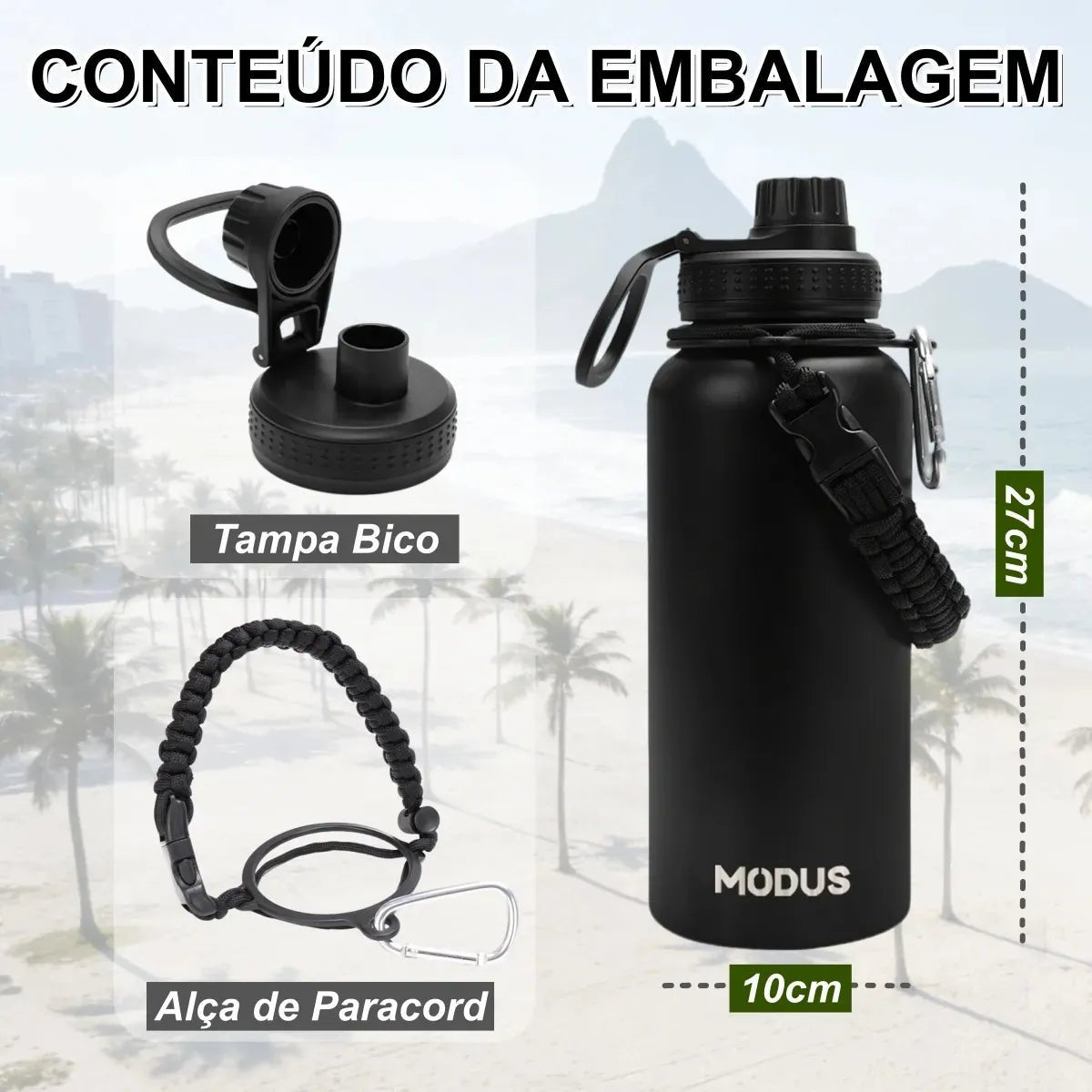 Modus Garrafa Térmica 950ml Aço Inox 304 Com Alça Paracord Cor Preto - Customizi