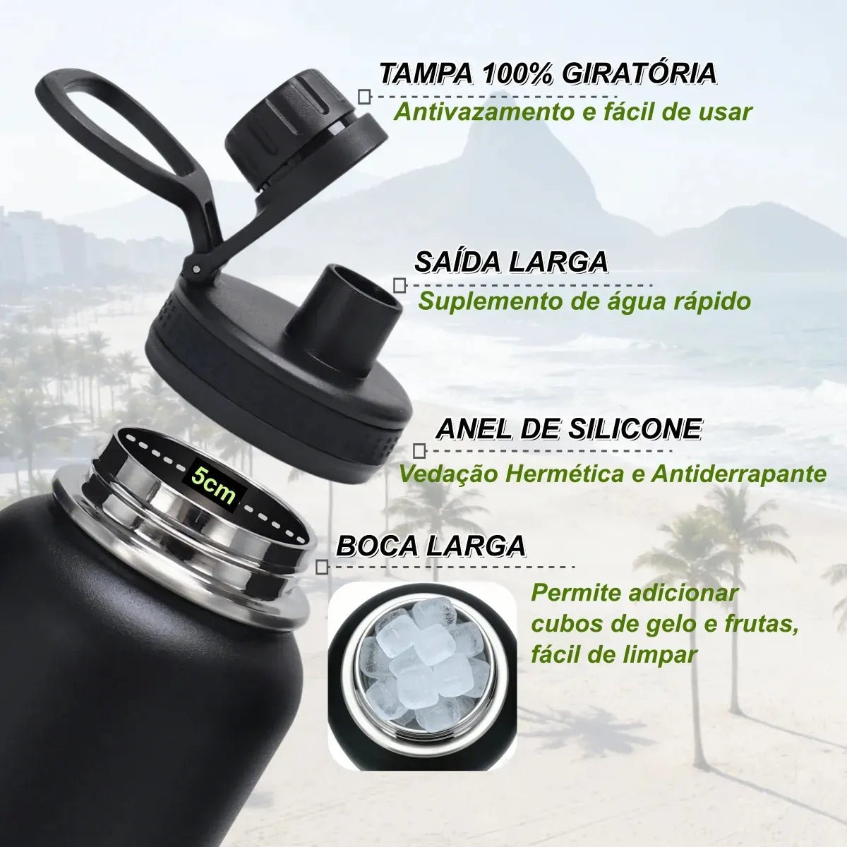 Modus Garrafa Térmica 950ml Aço Inox 304 Com Alça Paracord Cor Preto - Customizi