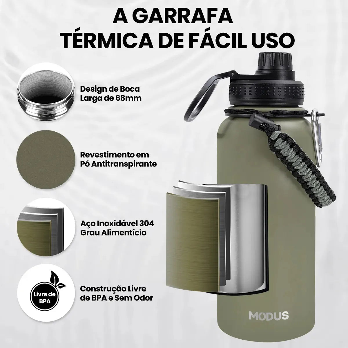 Modus Garrafa Térmica 950ml Aço Inox 304 Com Alça Paracord Cor Verde Oliva - Customizi