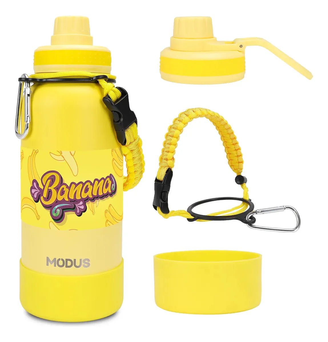 Modus Garrafa Térmica 950ml Aço Inox 304 Com Base De Silicone e Alça Paracord Amarelo Banana - Customizi