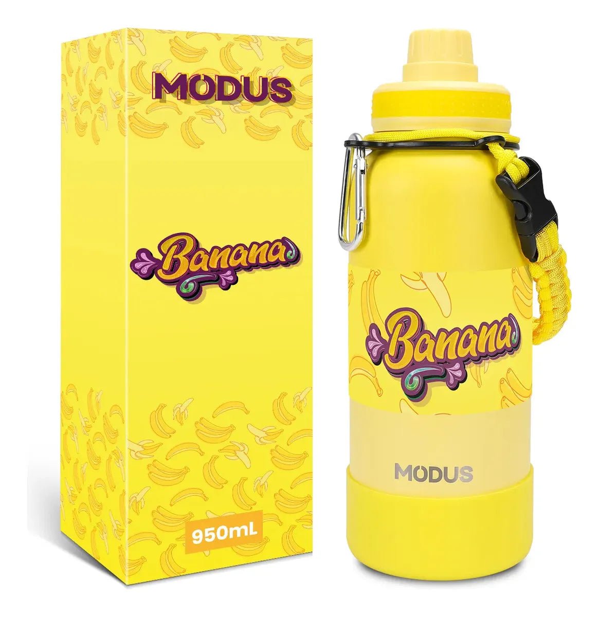 Modus Garrafa Térmica 950ml Aço Inox 304 Com Base De Silicone e Alça Paracord Amarelo Banana - Customizi