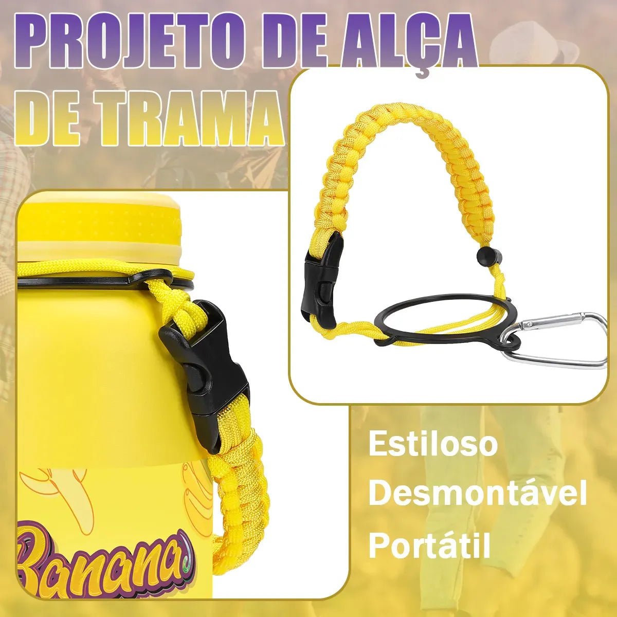 Modus Garrafa Térmica 950ml Aço Inox 304 Com Base De Silicone e Alça Paracord Amarelo Banana - Customizi