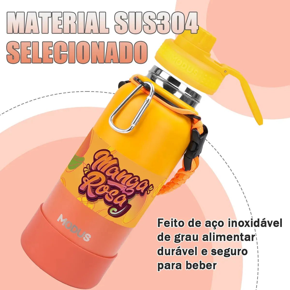 Modus Garrafa Térmica 950ml Aço Inox 304 Com Base De Silicone e Alça Paracord Laranja Manga Rosa - Customizi