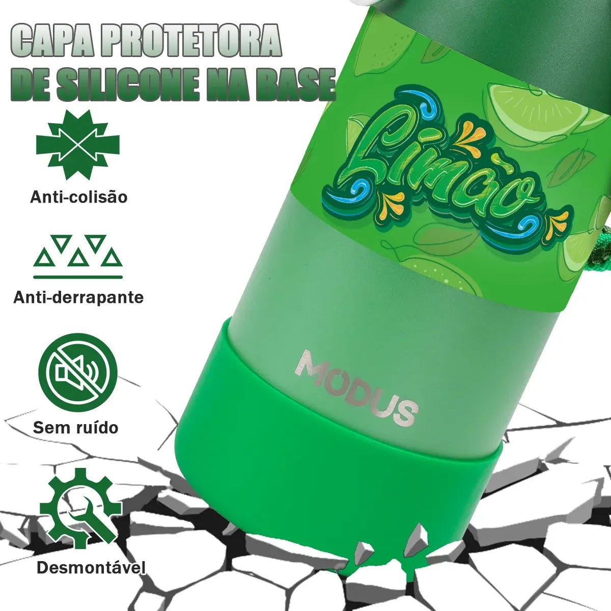 Modus Garrafa Térmica 950ml Aço Inox 304 Com Base De Silicone e Alça Paracord Verde Limão - Customizi