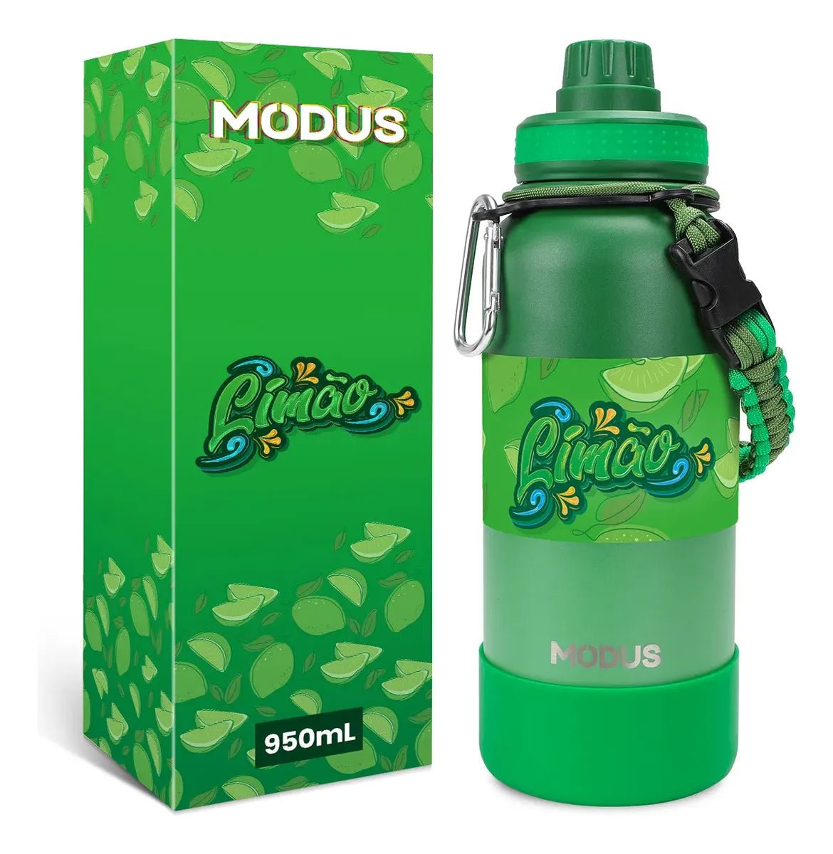 Modus Garrafa Térmica 950ml Aço Inox 304 Com Base De Silicone e Alça Paracord Verde Limão - Customizi