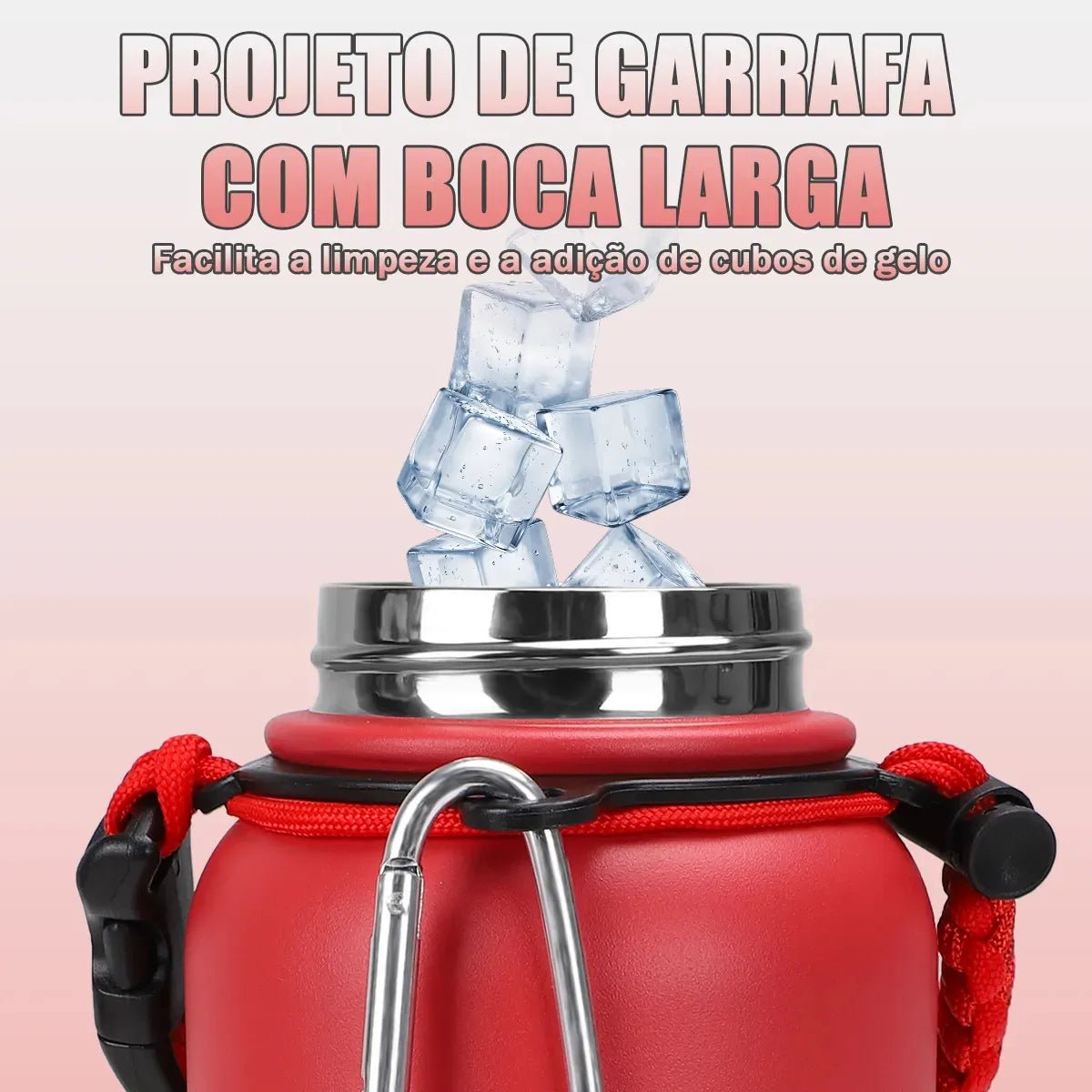 Modus Garrafa Térmica 950ml Aço Inox 304 Com Base De Silicone e Alça Paracord Vermelha Morango - Customizi