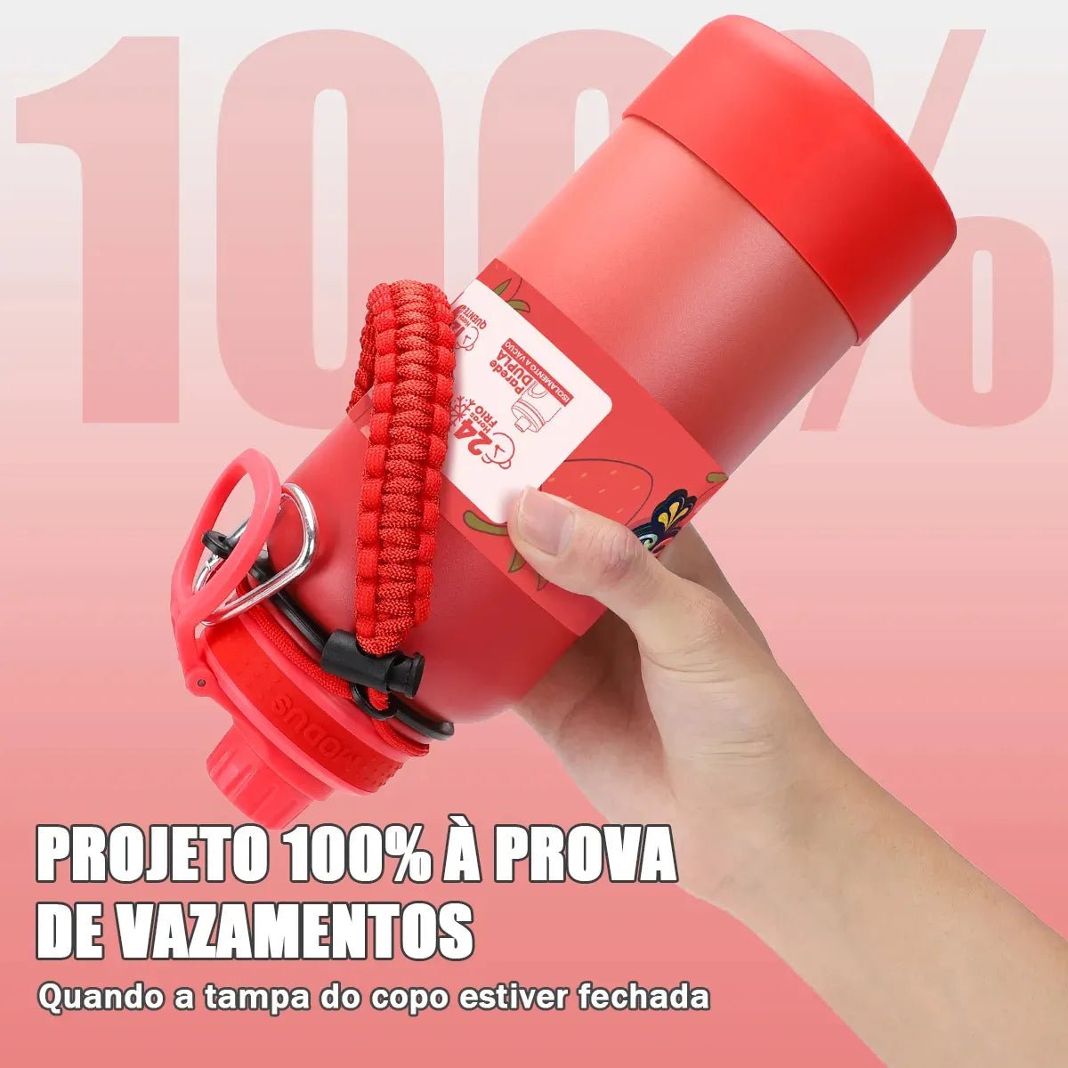 Modus Garrafa Térmica 950ml Aço Inox 304 Com Base De Silicone e Alça Paracord Vermelha Morango - Customizi