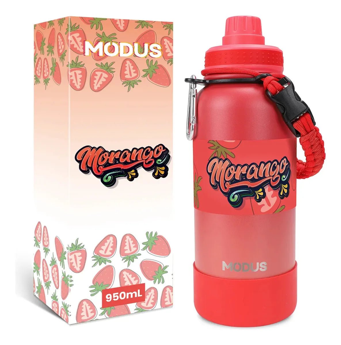 Modus Garrafa Térmica 950ml Aço Inox 304 Com Base De Silicone e Alça Paracord Vermelha Morango - Customizi