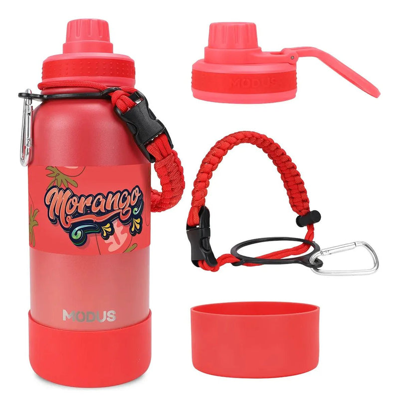 Modus Garrafa Térmica 950ml Aço Inox 304 Com Base De Silicone e Alça Paracord Vermelha Morango - Customizi