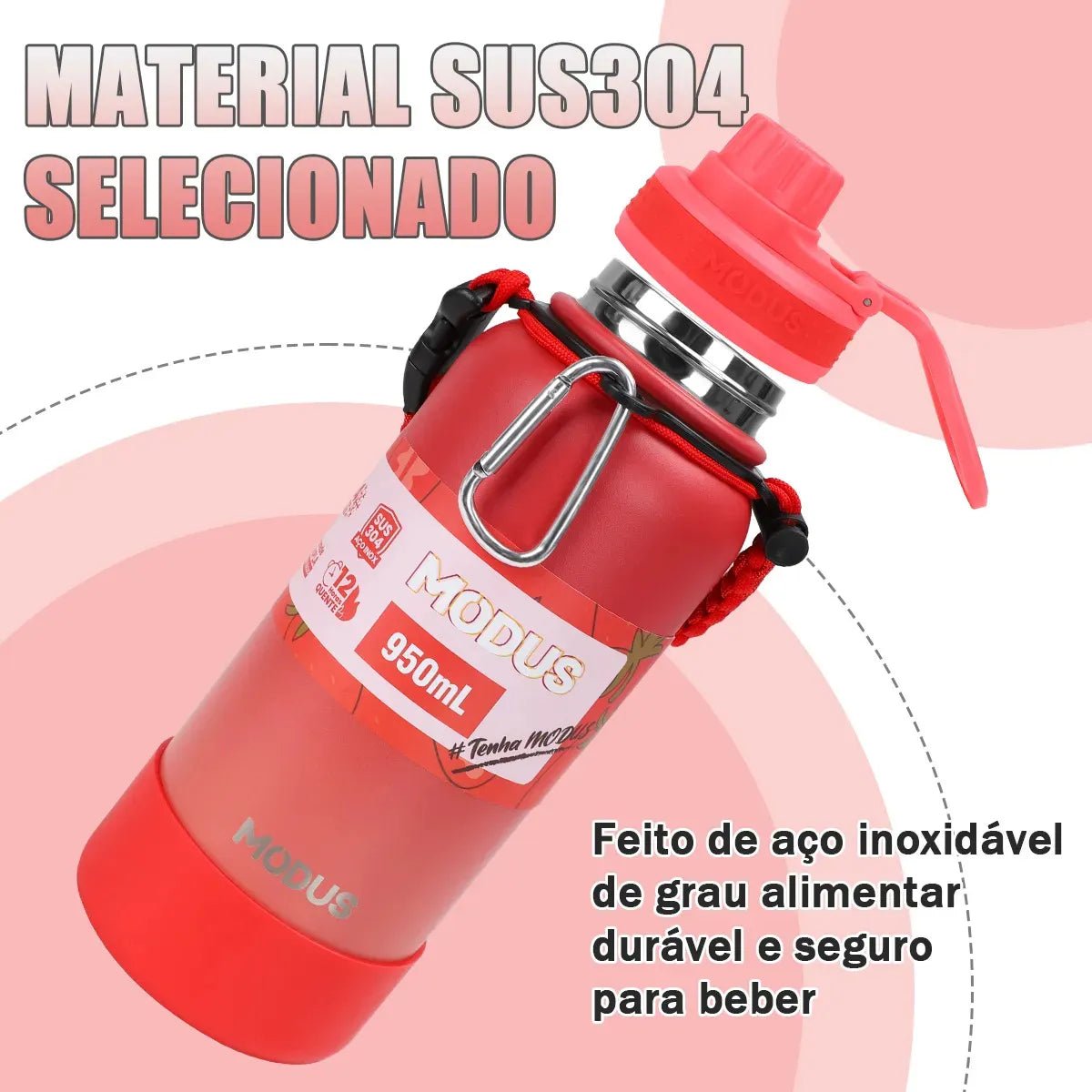 Modus Garrafa Térmica 950ml Aço Inox 304 Com Base De Silicone e Alça Paracord Vermelha Morango - Customizi