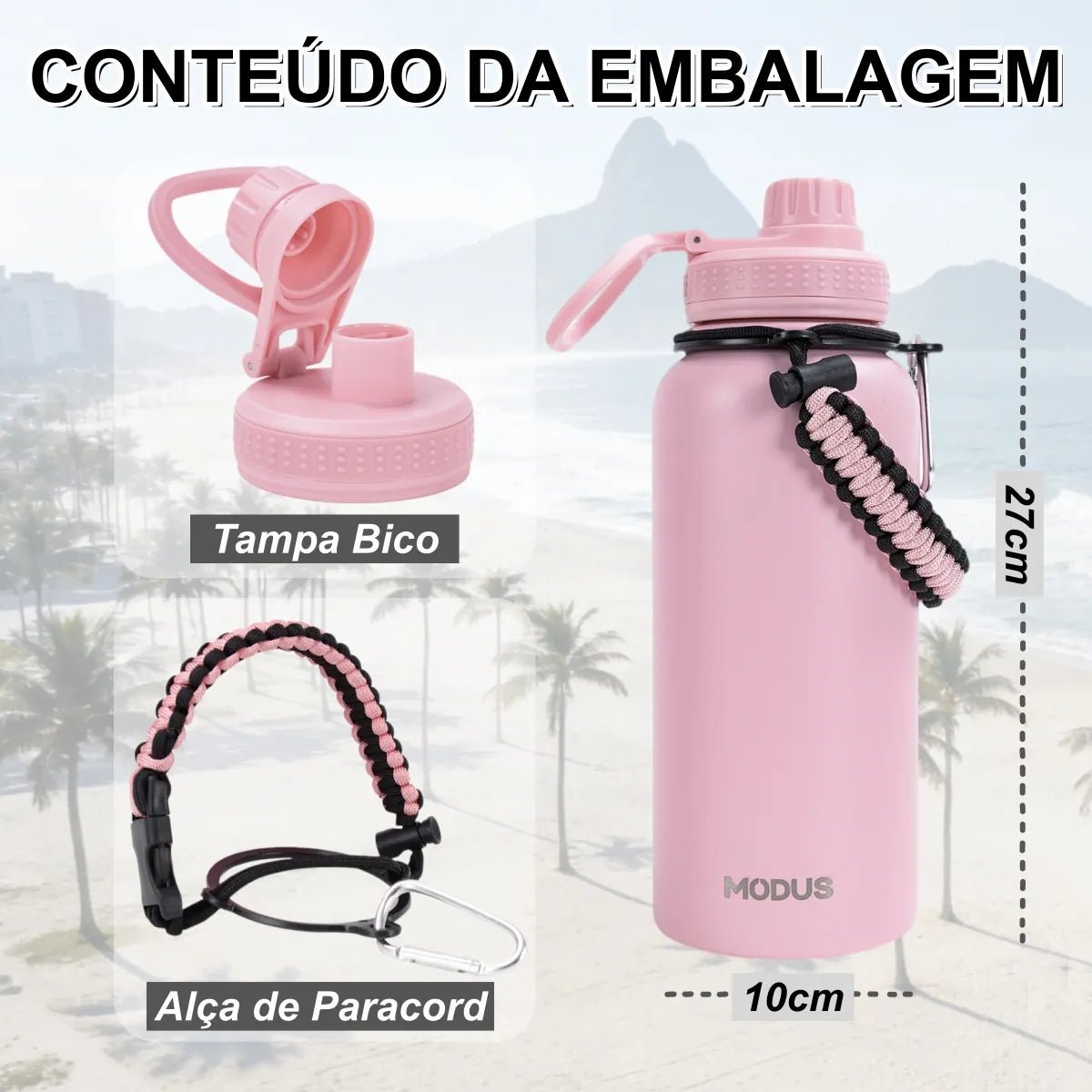Modus Garrafa Térmica 950ml Aço Inox 304 Isolamento a Vácuo Cor Rosa - Customizi