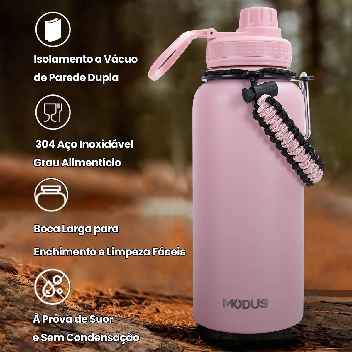 Modus Garrafa Térmica 950ml Aço Inox 304 Isolamento a Vácuo Cor Rosa - Customizi