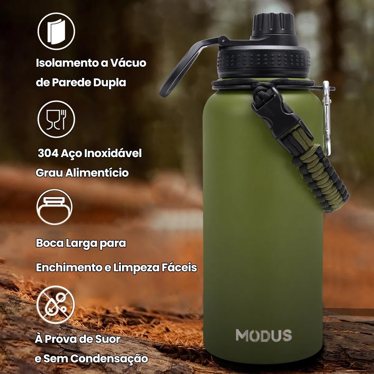 Modus Garrafa Térmica Inox 950ml Com Alça Paracord Verde - musgo - Customizi