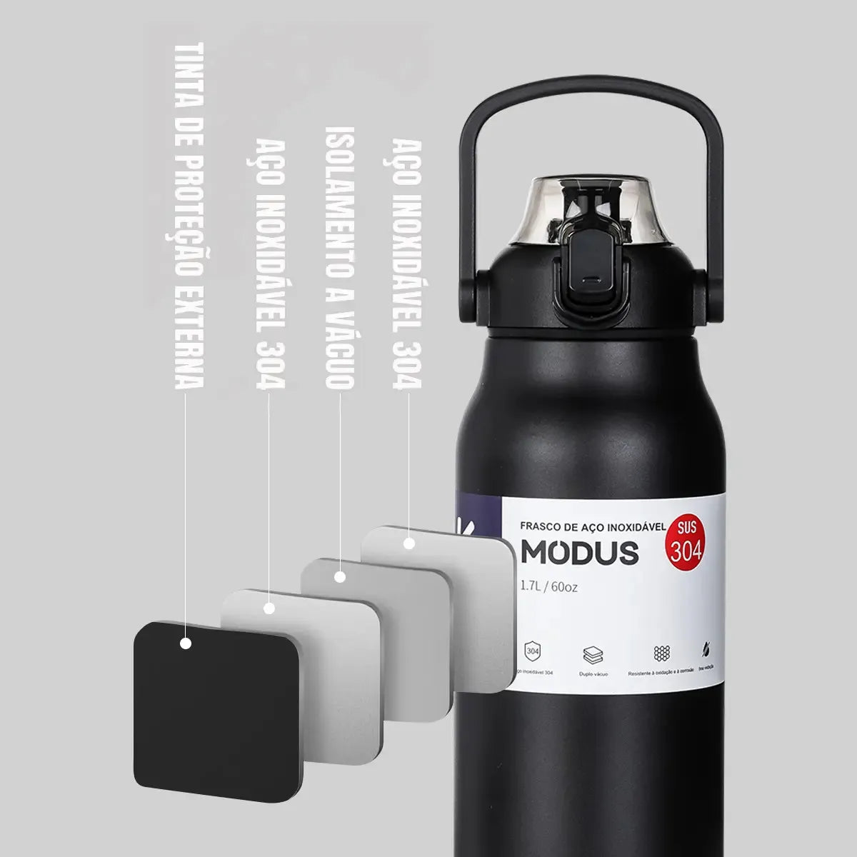 Modus Garrafa Térmica1,7L Isolamento A Vácuo Preta - Customizi